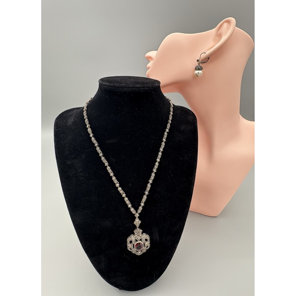 Sterling Silver Judith Jack Marcasite Necklace & SS‎ Faux Pearl Earrings 30g 9"